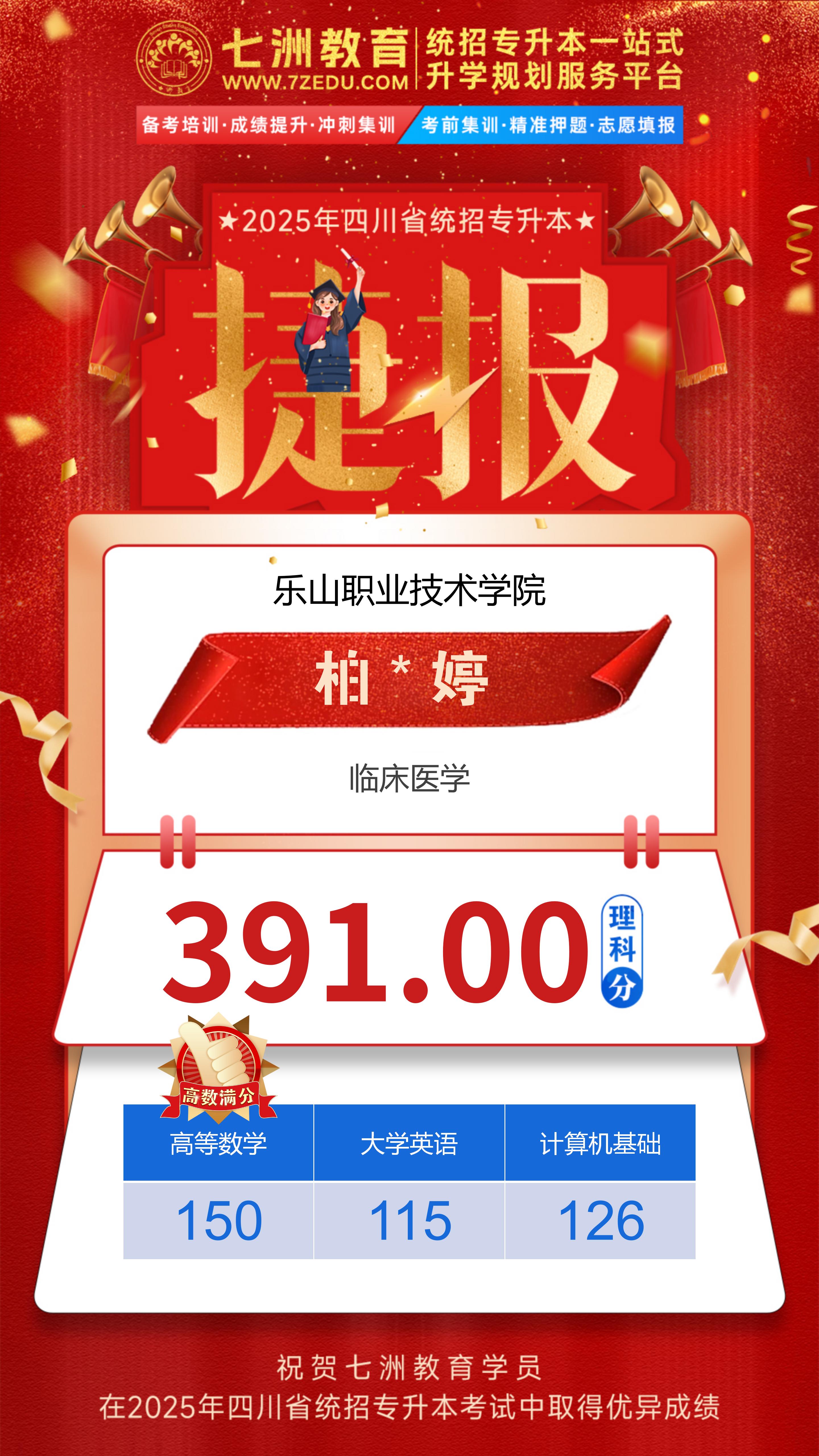 硕果累累！七洲教育：2025年四川省统招专升本考试高分学员强势霸榜 荣耀见证再创辉煌