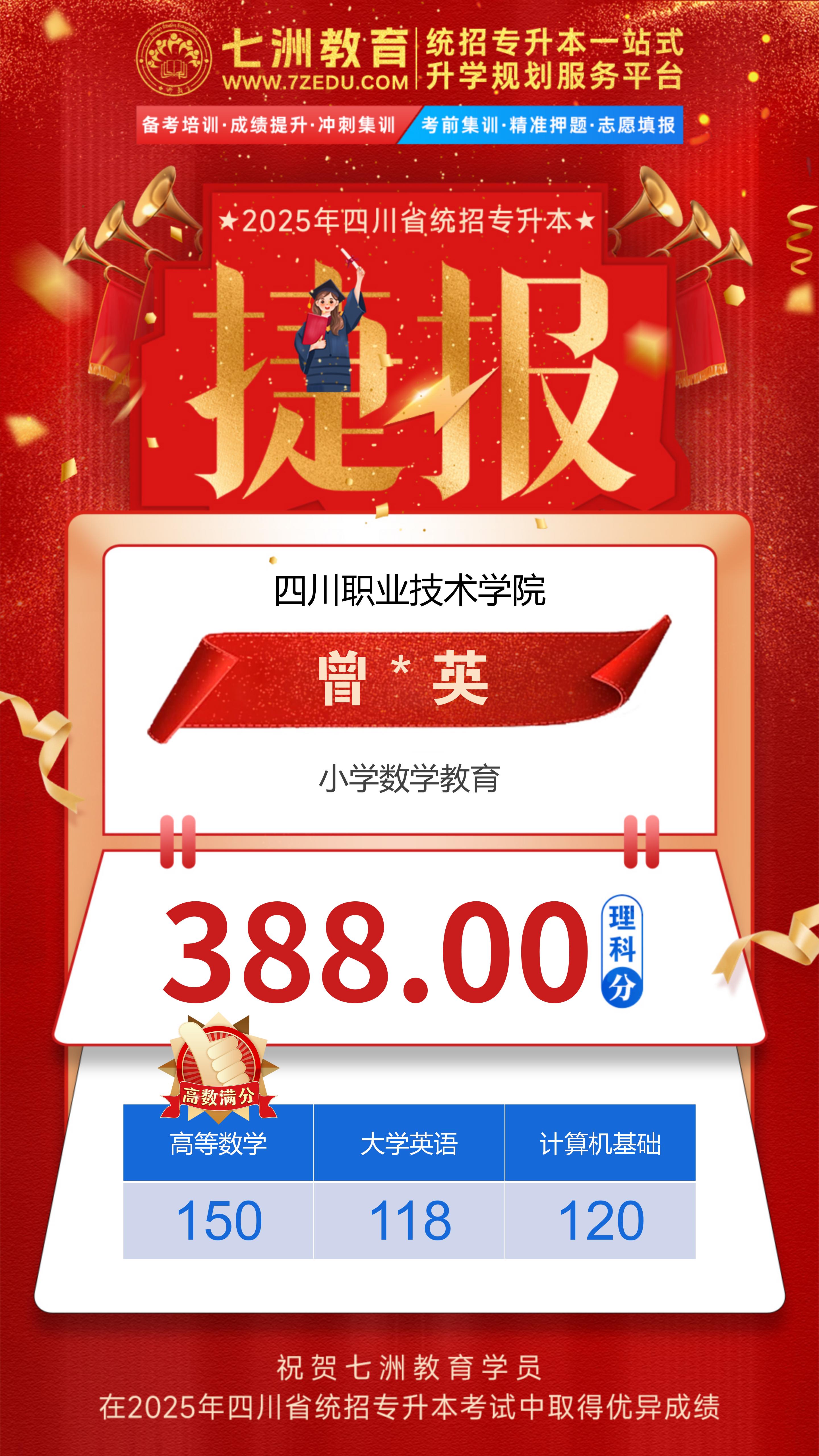 硕果累累！七洲教育：2025年四川省统招专升本考试高分学员强势霸榜 荣耀见证再创辉煌