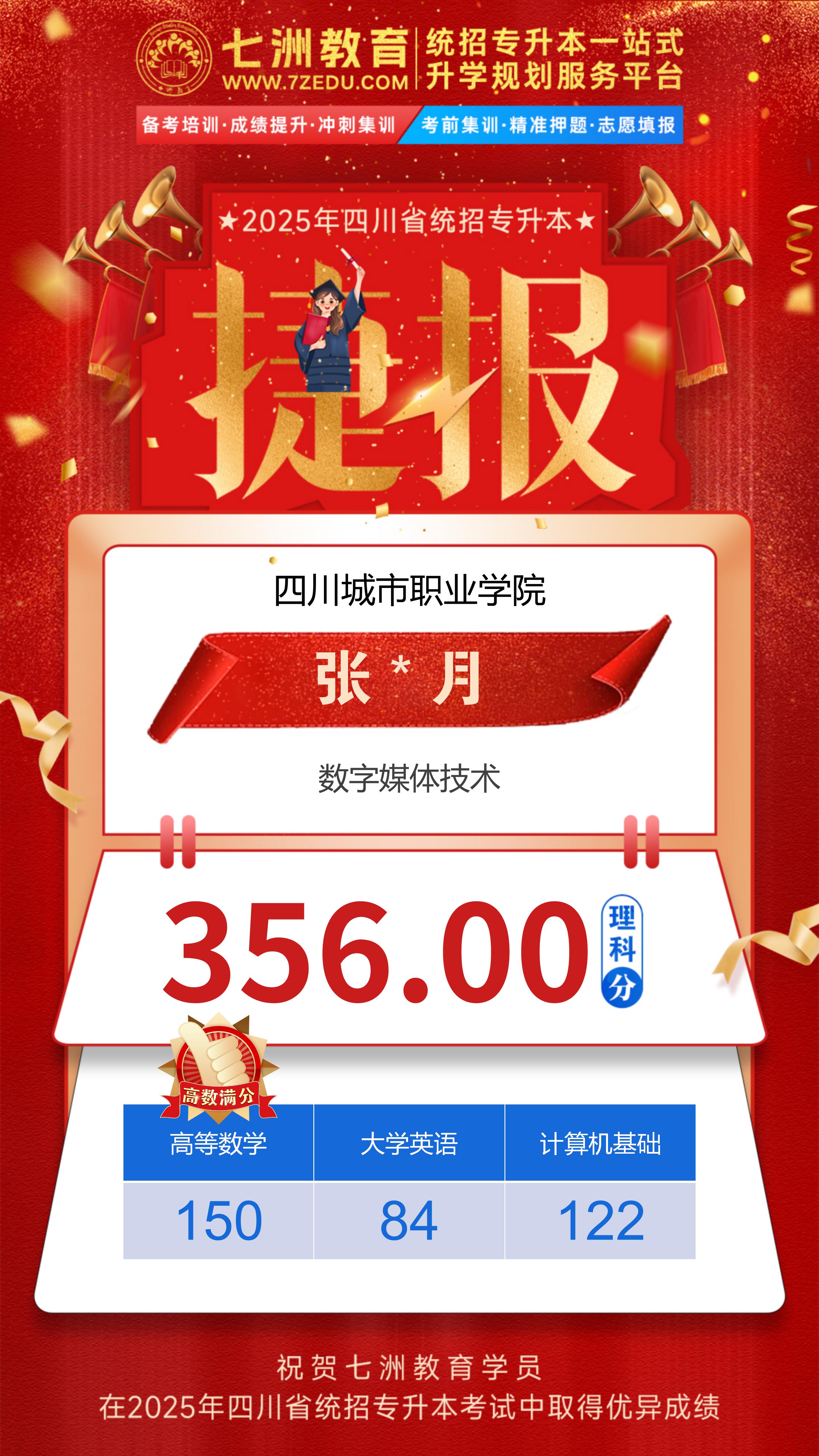 硕果累累！七洲教育：2025年四川省统招专升本考试高分学员强势霸榜 荣耀见证再创辉煌