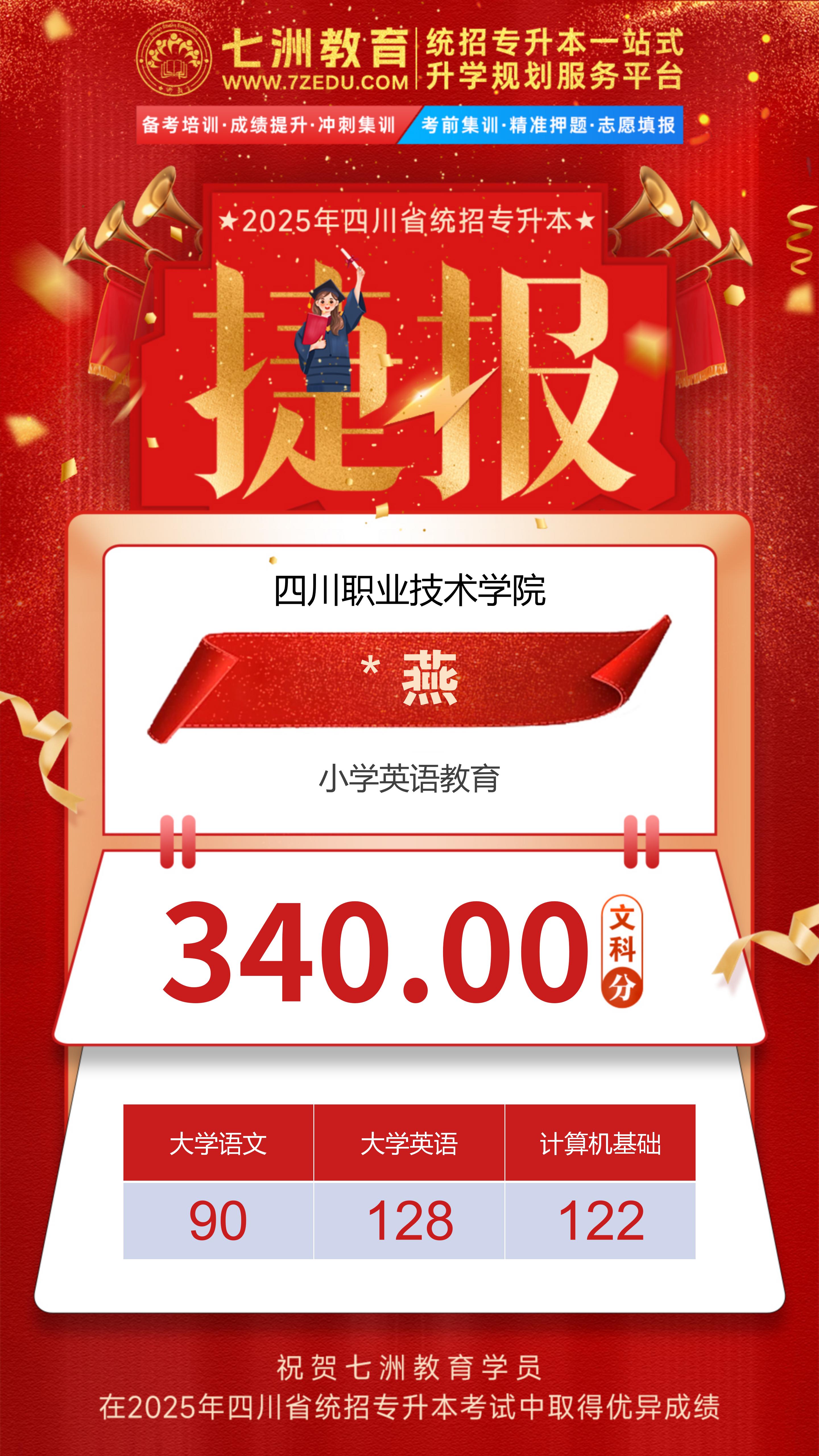 硕果累累！七洲教育：2025年四川省统招专升本考试高分学员强势霸榜 荣耀见证再创辉煌