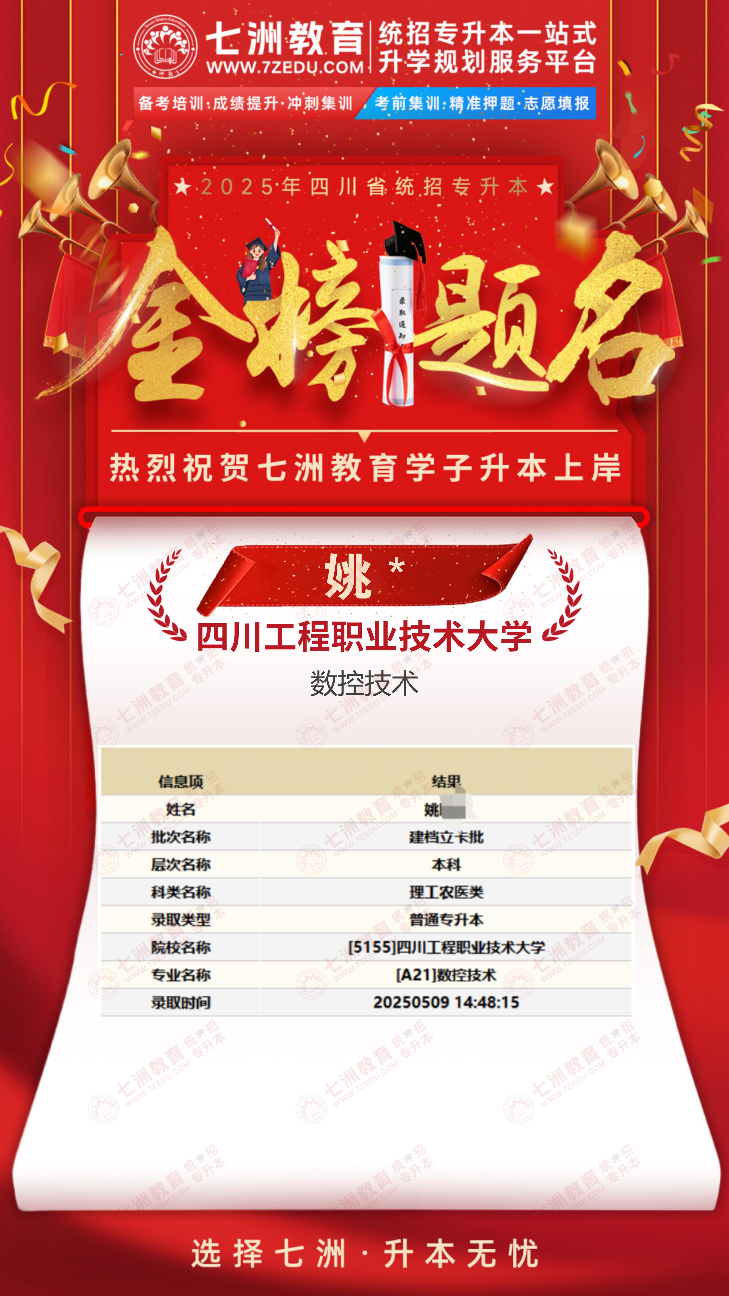 金榜题名，未来可期！七洲教育：2025年四川省统招专升本首批录取学员强势来袭